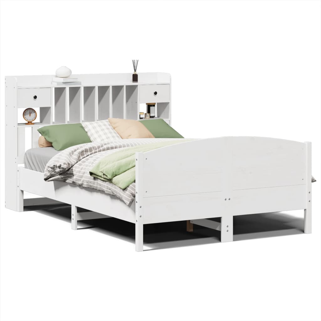 vidaXL Pat cu bibliotecă fără saltea, alb, 160x200 cm, lemn masiv pin vidaXL Pat cu bibliotecă fără saltea, alb, 160x200 cm, lemn masiv pin