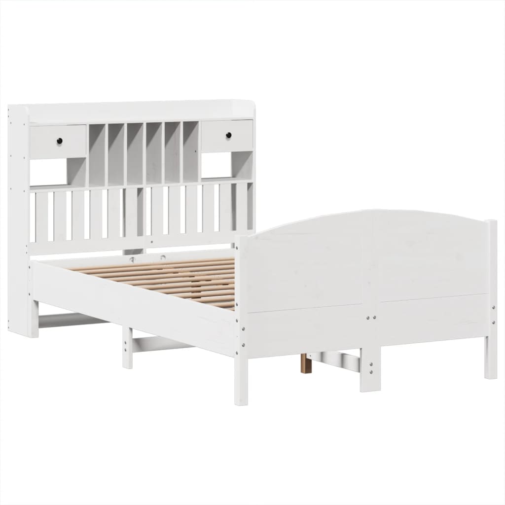 vidaXL Pat cu bibliotecă fără saltea, alb, 135x190 cm, lemn masiv pin vidaXL Pat cu bibliotecă fără saltea, alb, 135x190 cm, lemn masiv pin