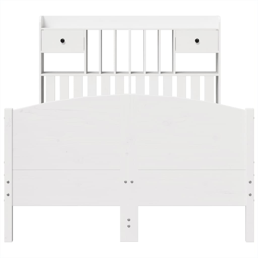 vidaXL Pat cu bibliotecă fără saltea, alb, 135x190 cm, lemn masiv pin vidaXL Pat cu bibliotecă fără saltea, alb, 135x190 cm, lemn masiv pin