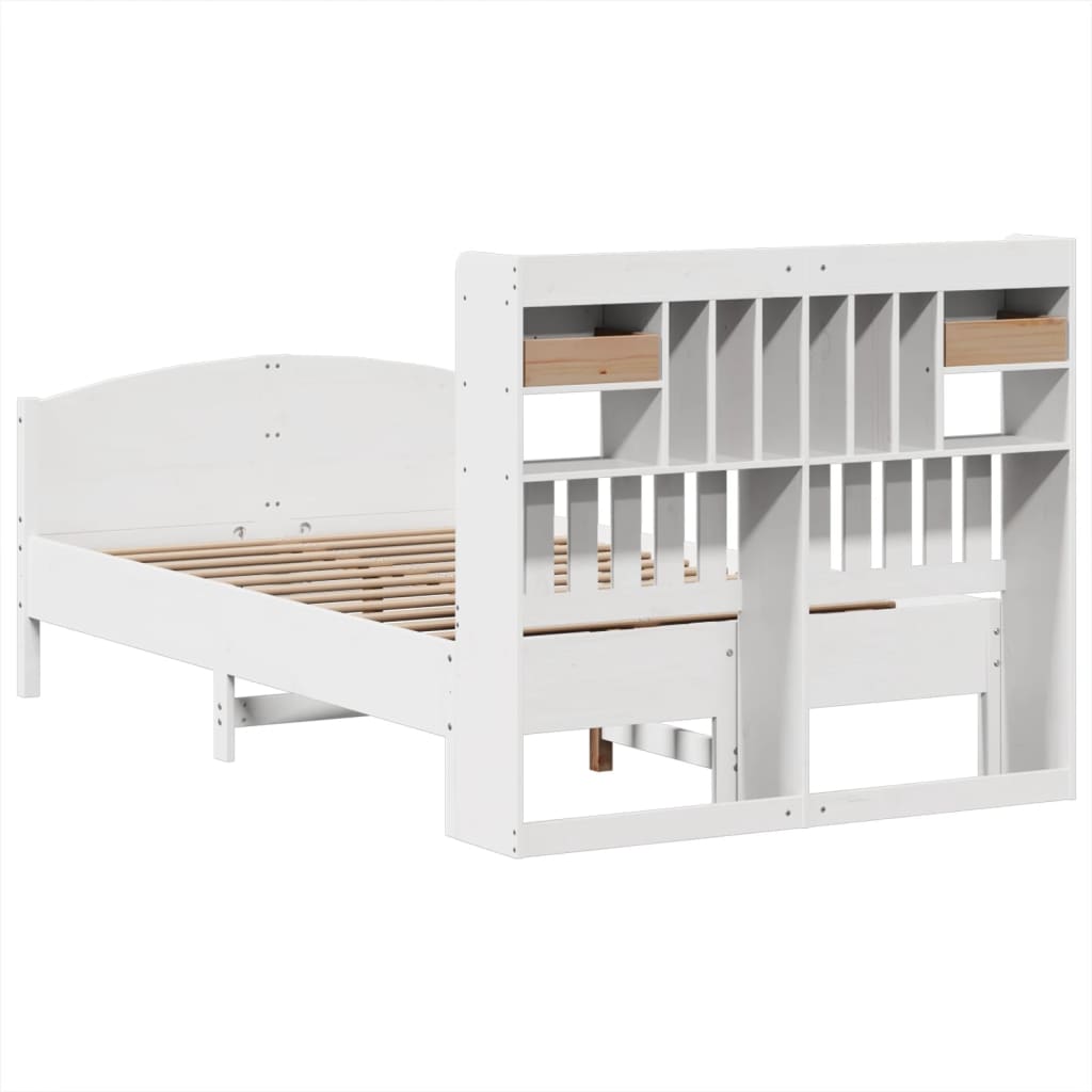 vidaXL Pat cu bibliotecă fără saltea, alb, 135x190 cm, lemn masiv pin vidaXL Pat cu bibliotecă fără saltea, alb, 135x190 cm, lemn masiv pin