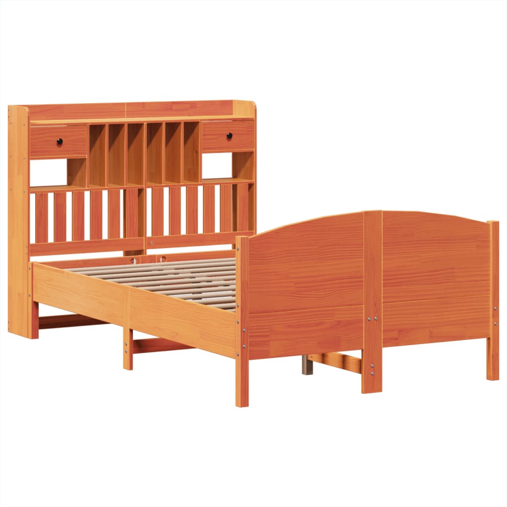 vidaXL Pat cu bibliotecă fără saltea maro 135x190 cm lemn masiv de pin