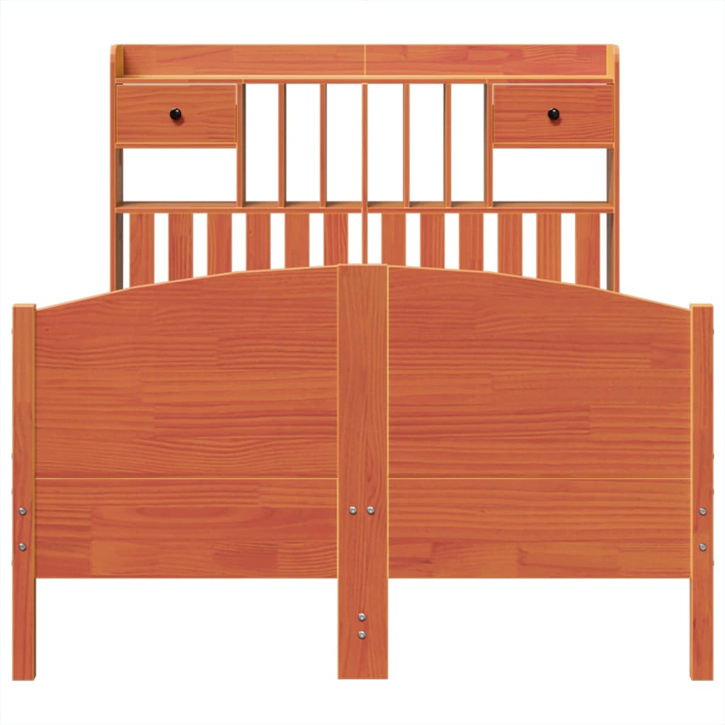 vidaXL Pat cu bibliotecă fără saltea maro 135x190 cm lemn masiv de pin