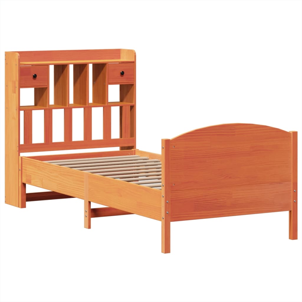 vidaXL Pat cu bibliotecă fără saltea, maro, 100x200 cm, lemn masiv pin vidaXL Pat cu bibliotecă fără saltea, maro, 100x200 cm, lemn masiv pin