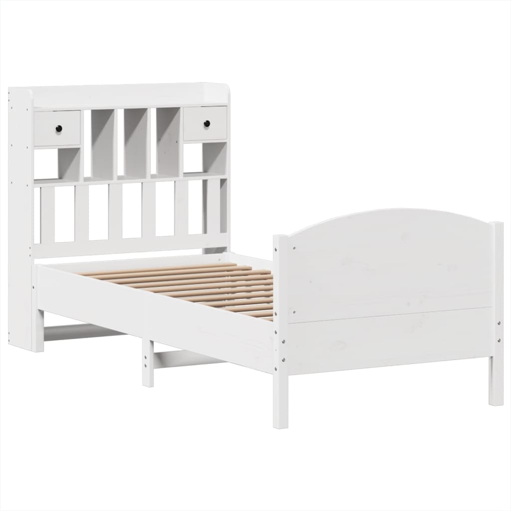 vidaXL Pat cu bibliotecă fără saltea, alb, 75x190 cm, lemn masiv pin