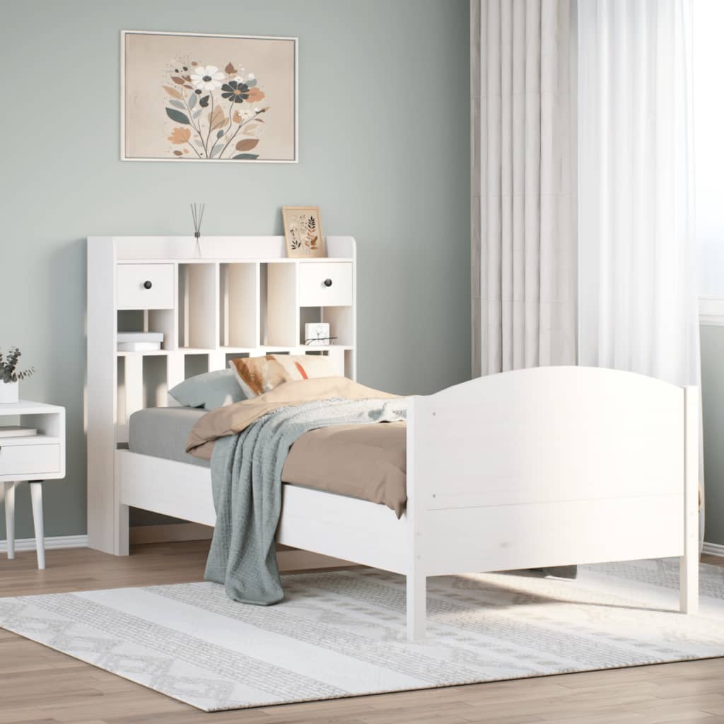 vidaXL Pat cu bibliotecă fără saltea, alb, 75x190 cm, lemn masiv pin