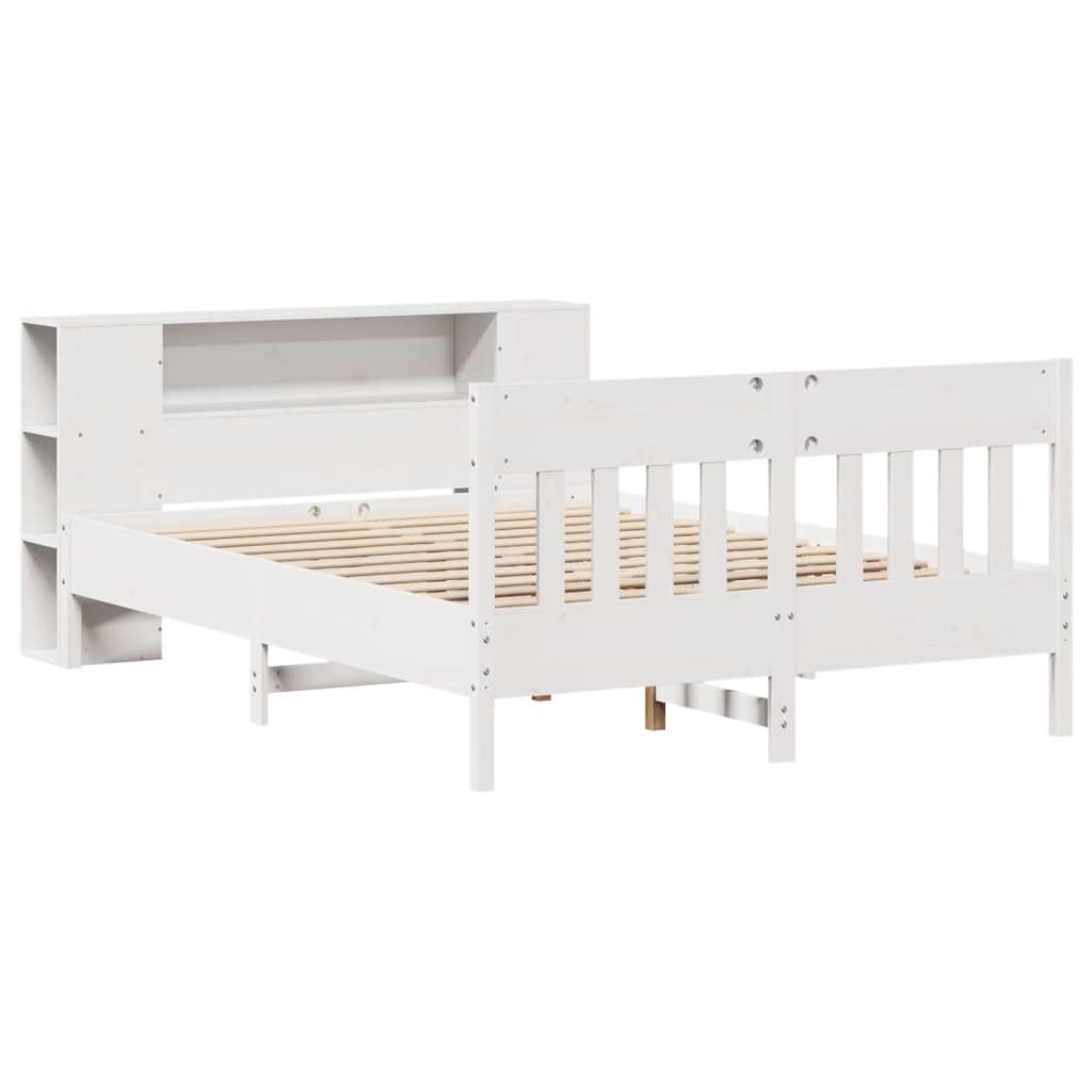 vidaXL Pat cu bibliotecă fără saltea, alb, 160x200 cm, lemn masiv pin vidaXL Pat cu bibliotecă fără saltea, alb, 160x200 cm, lemn masiv pin