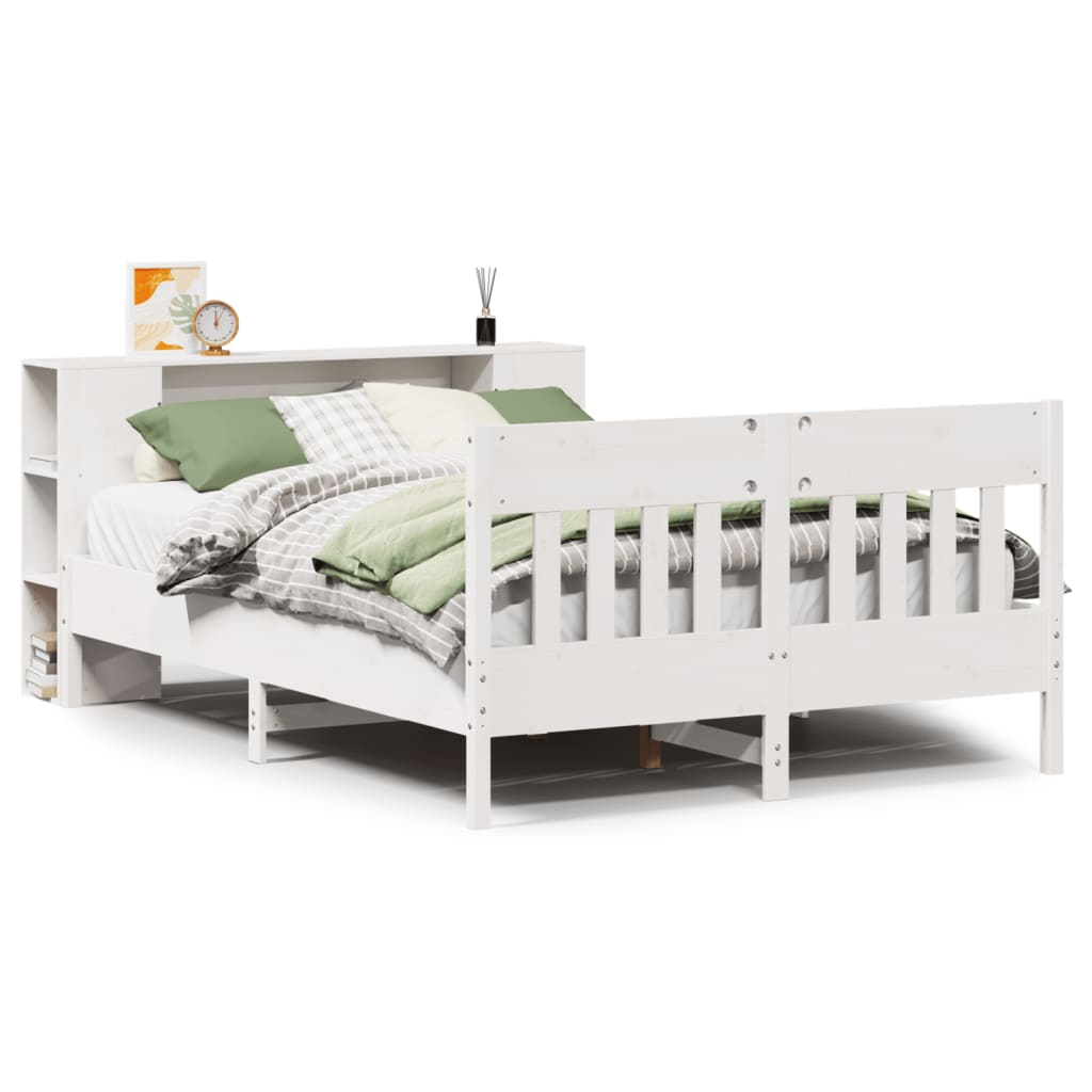 vidaXL Pat cu bibliotecă fără saltea, alb, 150x200 cm, lemn masiv pin vidaXL Pat cu bibliotecă fără saltea, alb, 150x200 cm, lemn masiv pin