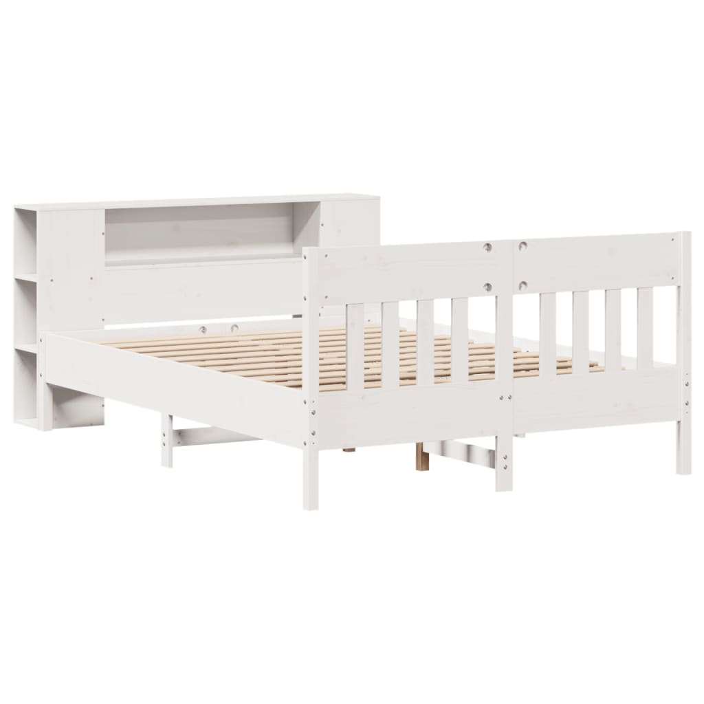 vidaXL Pat cu bibliotecă fără saltea, alb, 150x200 cm, lemn masiv pin vidaXL Pat cu bibliotecă fără saltea, alb, 150x200 cm, lemn masiv pin