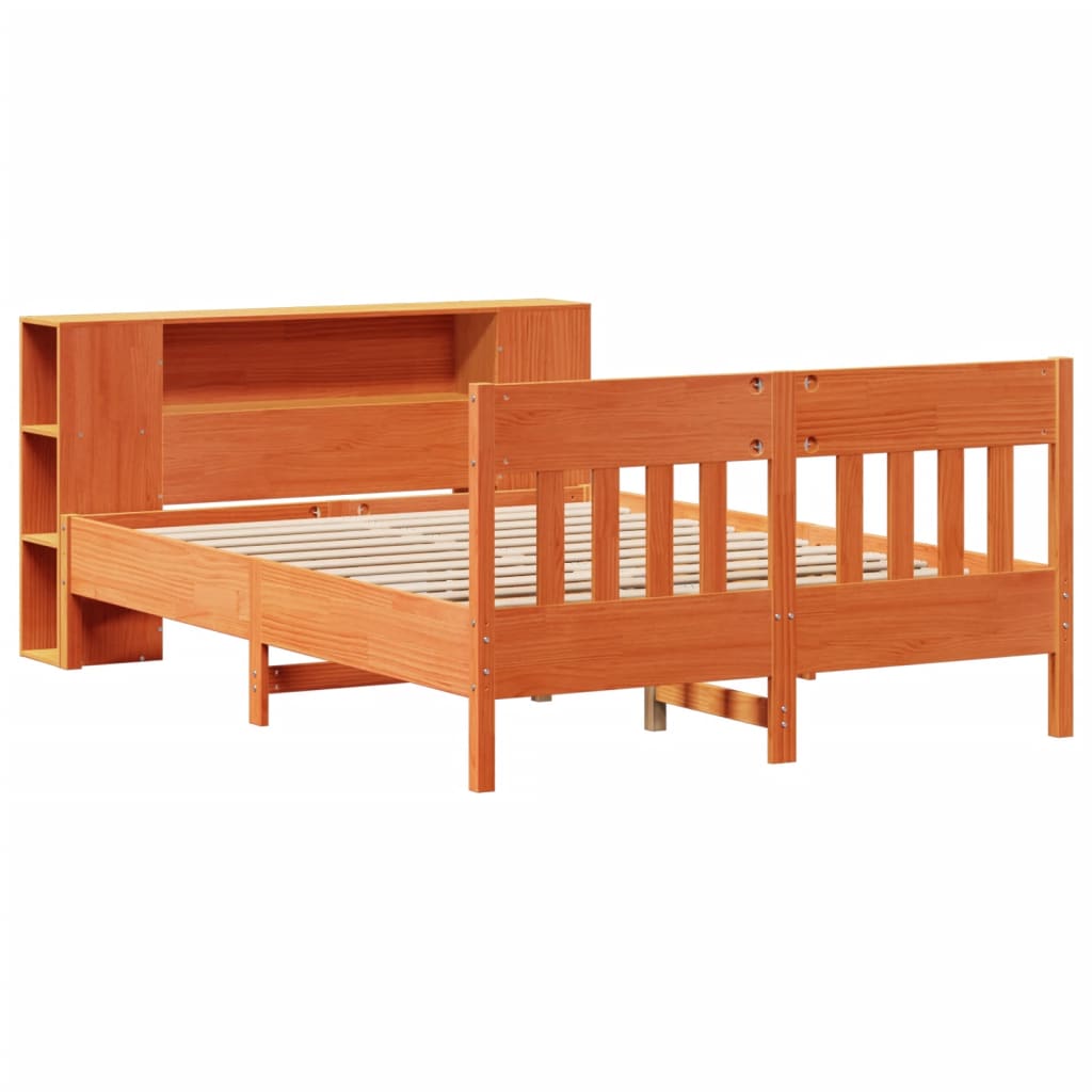 vidaXL Pat cu bibliotecă fără saltea, maro, 120x200 cm, lemn masiv pin vidaXL Pat cu bibliotecă fără saltea, maro, 120x200 cm, lemn masiv pin