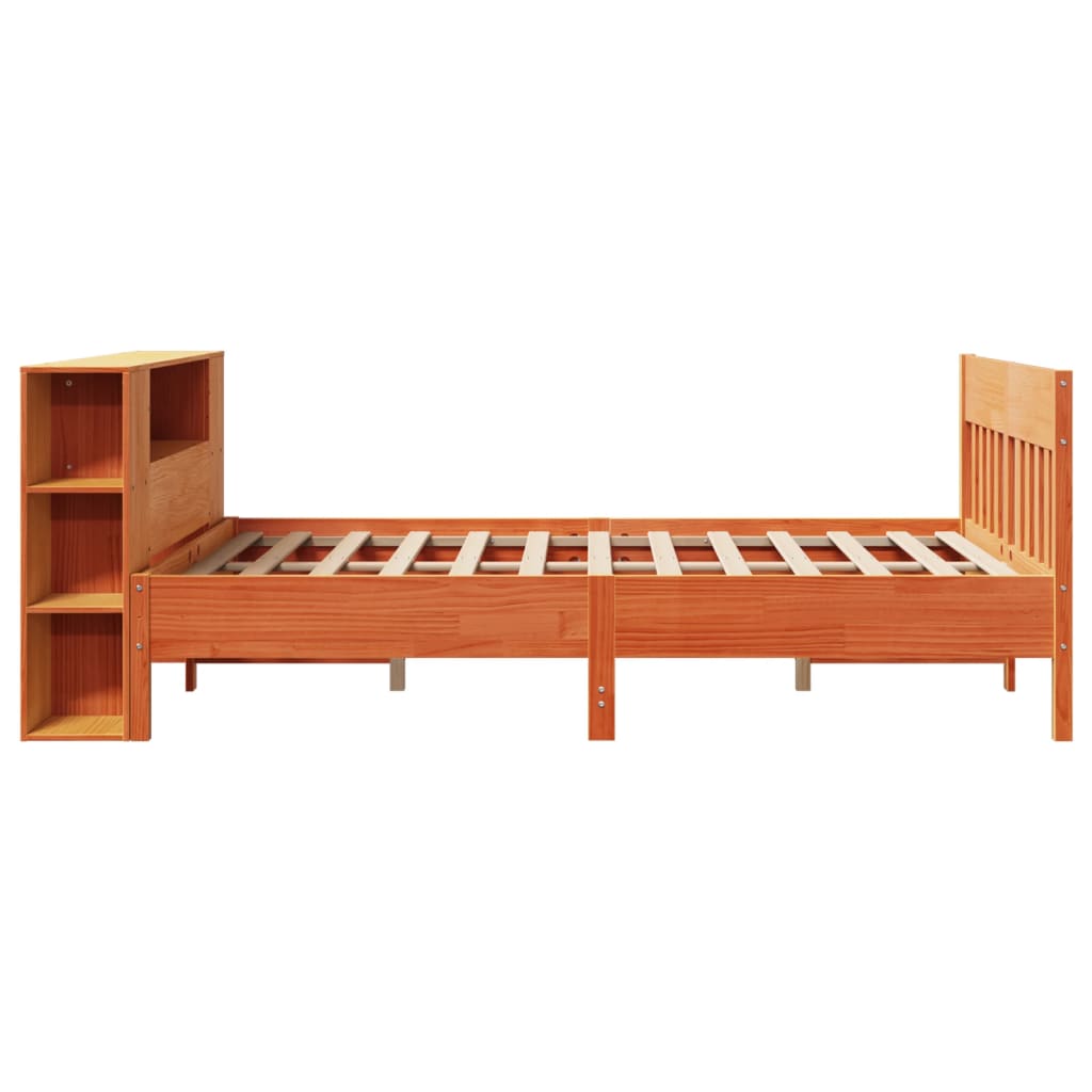 vidaXL Pat cu bibliotecă fără saltea, maro, 120x200 cm, lemn masiv pin vidaXL Pat cu bibliotecă fără saltea, maro, 120x200 cm, lemn masiv pin