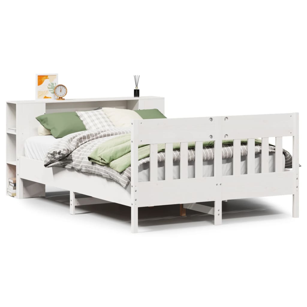 vidaXL Pat cu bibliotecă fără saltea, alb, 120x190 cm, lemn masiv pin vidaXL Pat cu bibliotecă fără saltea, alb, 120x190 cm, lemn masiv pin