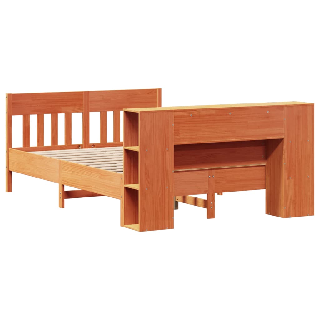 vidaXL Pat cu bibliotecă fără saltea, maro, 120x190 cm, lemn masiv pin vidaXL Pat cu bibliotecă fără saltea, maro, 120x190 cm, lemn masiv pin