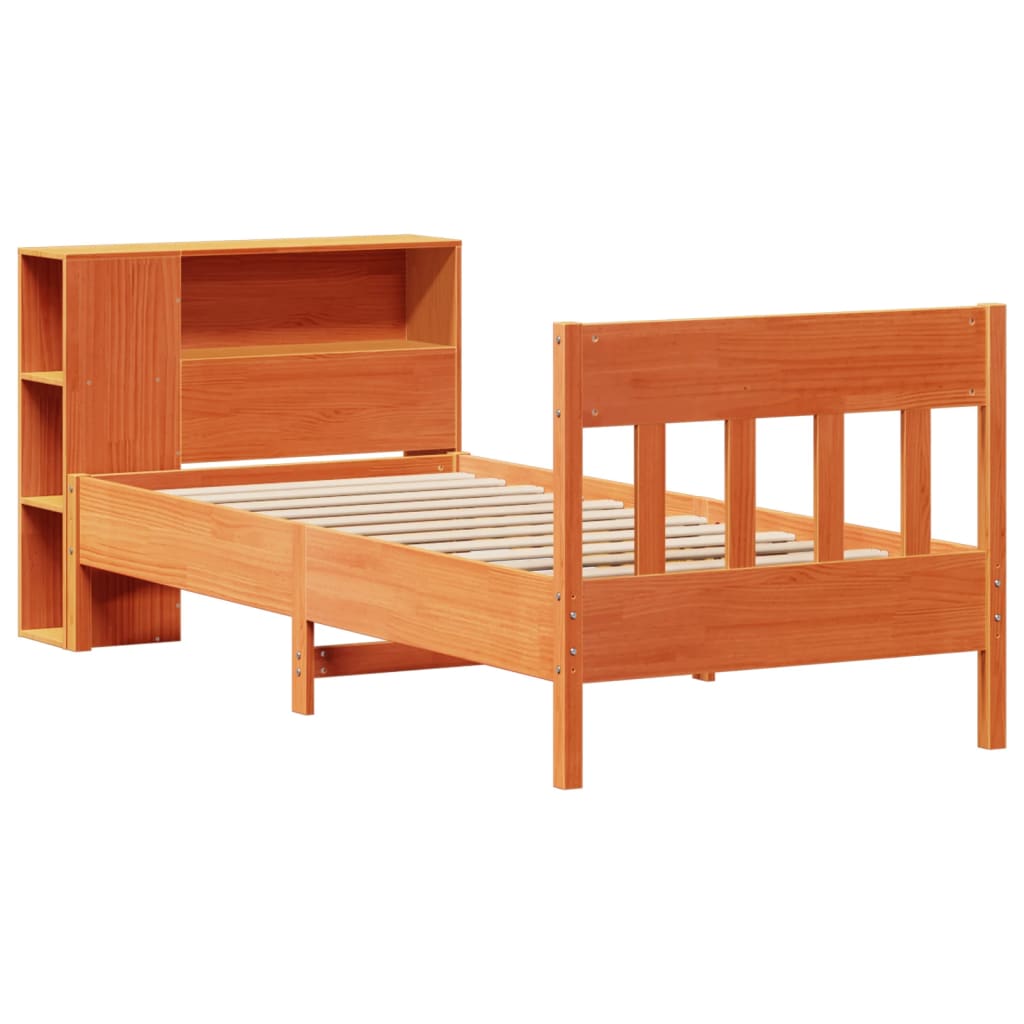 vidaXL Pat cu bibliotecă fără saltea, maro, 100x200 cm, lemn masiv pin vidaXL Pat cu bibliotecă fără saltea, maro, 100x200 cm, lemn masiv pin