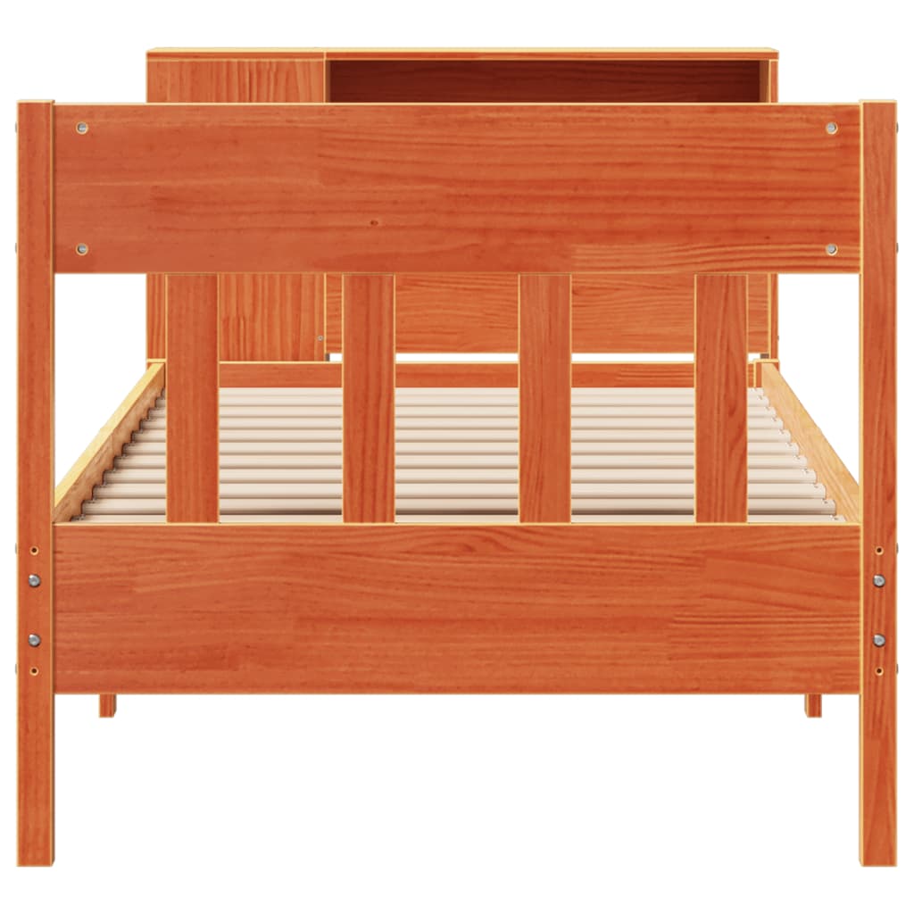 vidaXL Pat cu bibliotecă fără saltea, maro, 100x200 cm, lemn masiv pin vidaXL Pat cu bibliotecă fără saltea, maro, 100x200 cm, lemn masiv pin