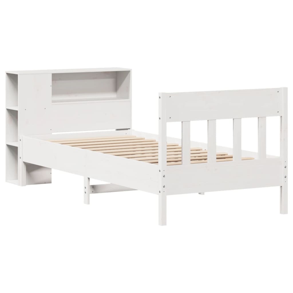 vidaXL Pat cu bibliotecă fără saltea, alb, 75x190 cm, lemn masiv pin vidaXL Pat cu bibliotecă fără saltea, alb, 75x190 cm, lemn masiv pin