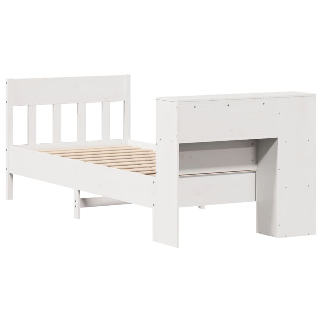 vidaXL Pat cu bibliotecă fără saltea, alb, 75x190 cm, lemn masiv pin vidaXL Pat cu bibliotecă fără saltea, alb, 75x190 cm, lemn masiv pin