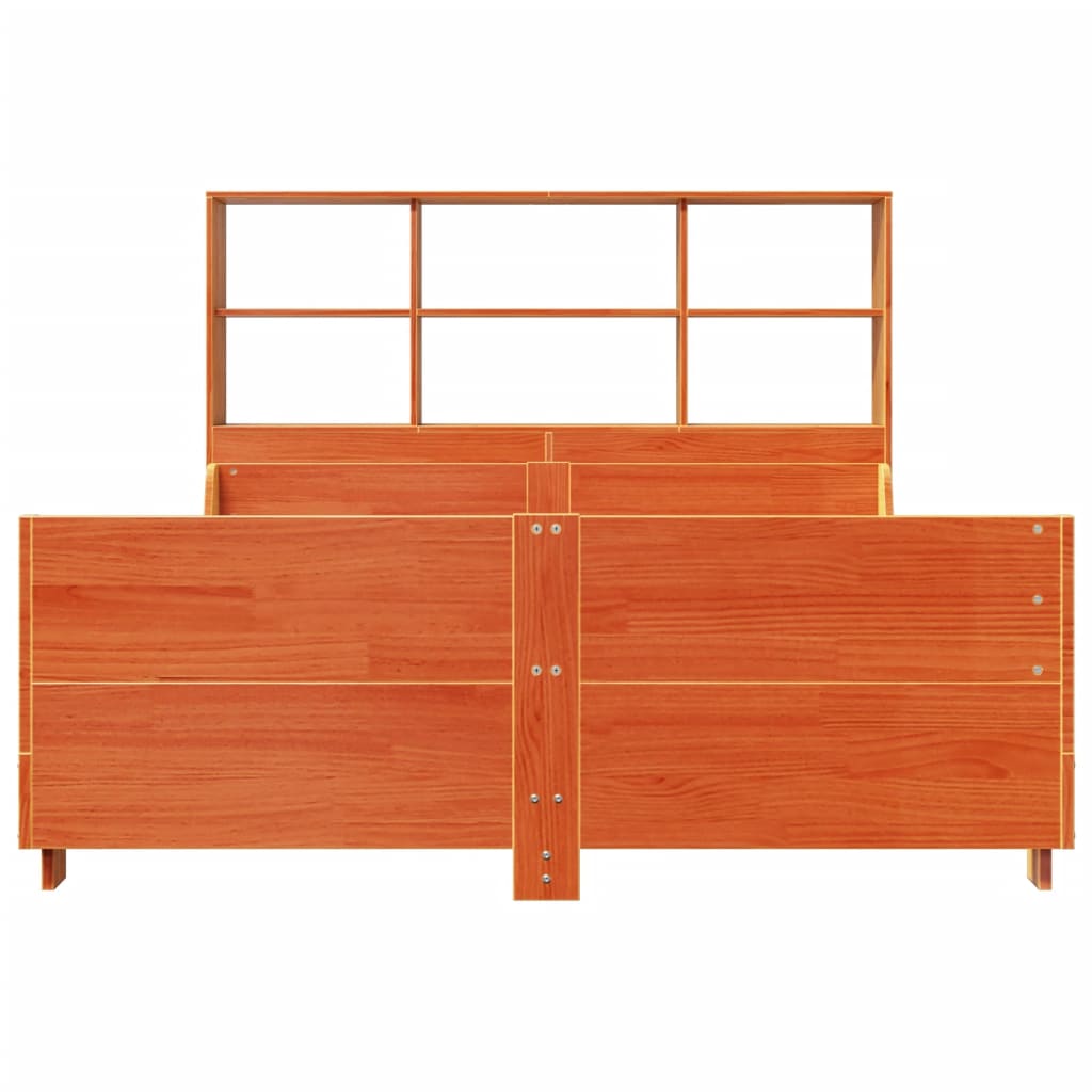 vidaXL Pat cu bibliotecă fără saltea, maro, 120x200 cm, lemn masiv vidaXL Pat cu bibliotecă fără saltea, maro, 120x200 cm, lemn masiv