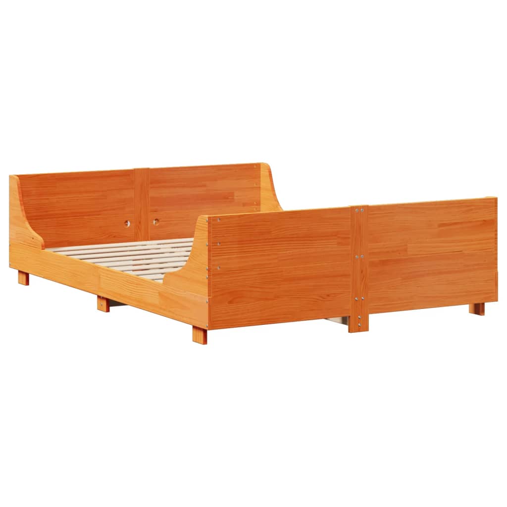 vidaXL Pat cu bibliotecă fără saltea, maro, 120x200 cm, lemn masiv vidaXL Pat cu bibliotecă fără saltea, maro, 120x200 cm, lemn masiv