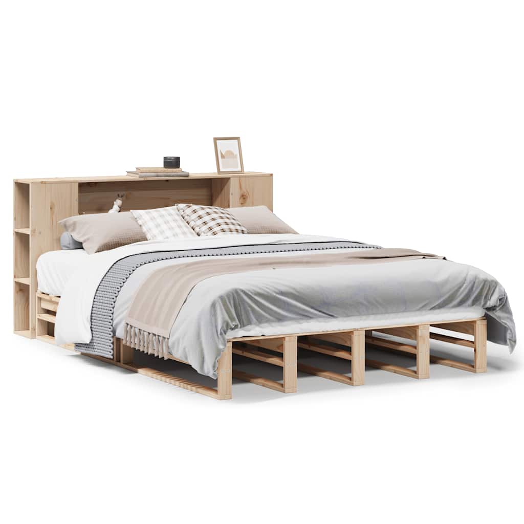 vidaXL Pat cu bibliotecă fără saltea, 135x190 cm, lemn masiv vidaXL Pat cu bibliotecă fără saltea, 135x190 cm, lemn masiv