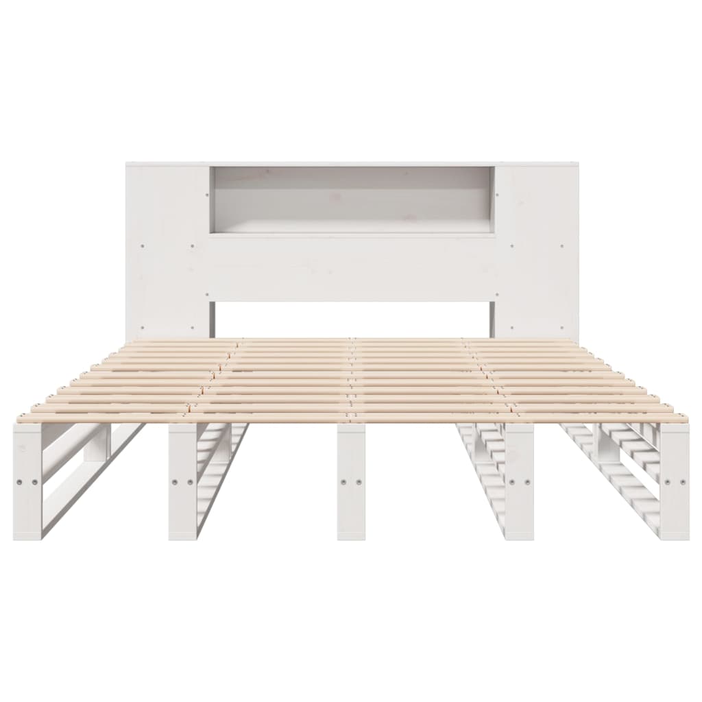 vidaXL Pat cu bibliotecă fără saltea, alb, 135x190 cm, lemn masiv vidaXL Pat cu bibliotecă fără saltea, alb, 135x190 cm, lemn masiv