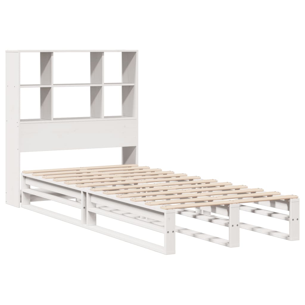vidaXL Pat cu bibliotecă fără saltea, alb, 90x200 cm, lemn masiv vidaXL Pat cu bibliotecă fără saltea, alb, 90x200 cm, lemn masiv