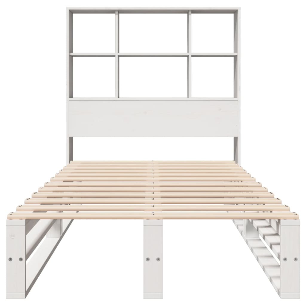 vidaXL Pat cu bibliotecă fără saltea, alb, 90x200 cm, lemn masiv vidaXL Pat cu bibliotecă fără saltea, alb, 90x200 cm, lemn masiv