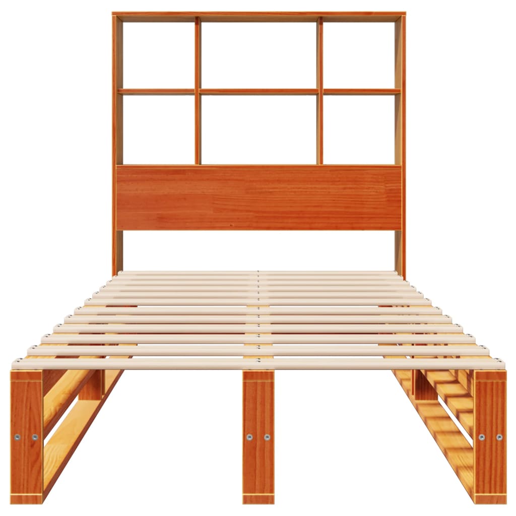 vidaXL Pat cu bibliotecă fără saltea, maro, 90x200 cm, lemn masiv vidaXL Pat cu bibliotecă fără saltea, maro, 90x200 cm, lemn masiv