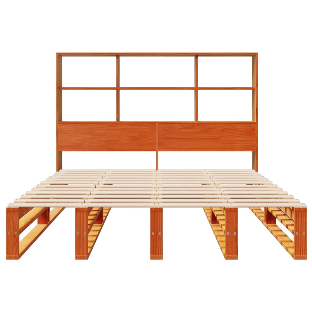 vidaXL Pat cu bibliotecă fără saltea, maro, 120x200 cm, lemn masiv vidaXL Pat cu bibliotecă fără saltea, maro, 120x200 cm, lemn masiv