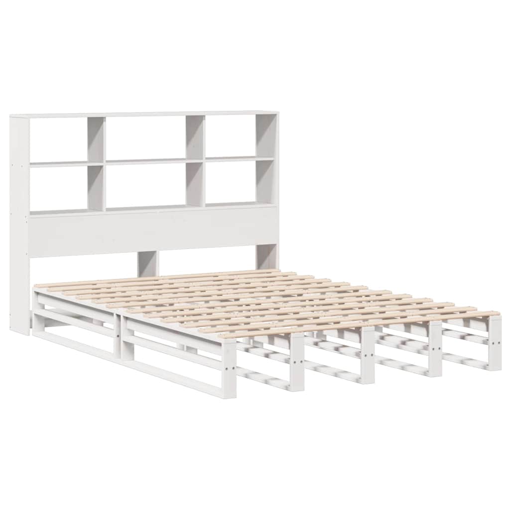 vidaXL Pat cu bibliotecă fără saltea, alb, 140x190 cm, lemn masiv vidaXL Pat cu bibliotecă fără saltea, alb, 140x190 cm, lemn masiv