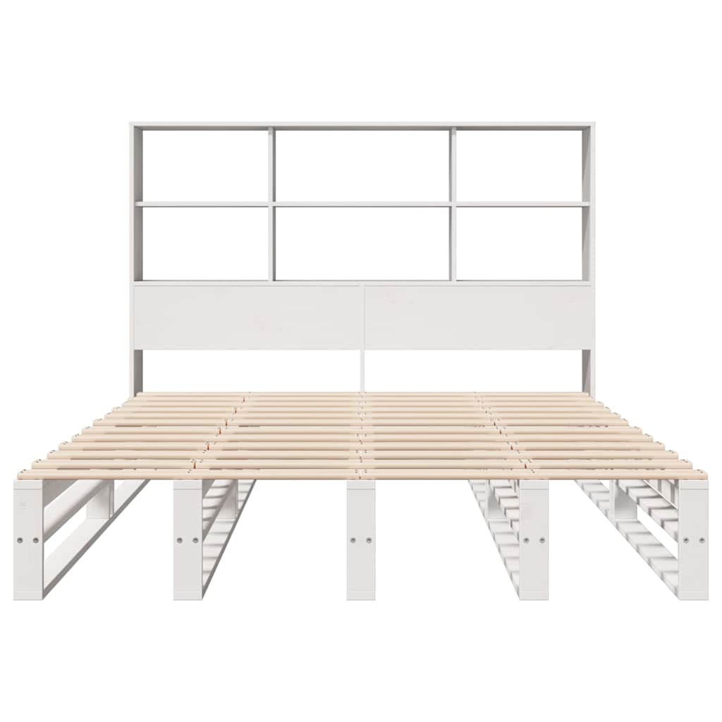 vidaXL Pat cu bibliotecă fără saltea, alb, 140x190 cm, lemn masiv vidaXL Pat cu bibliotecă fără saltea, alb, 140x190 cm, lemn masiv