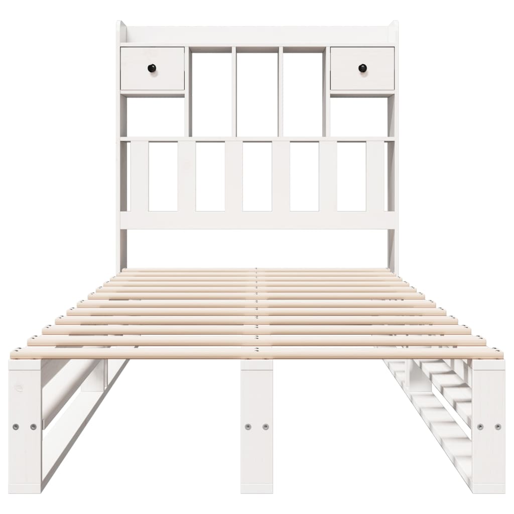vidaXL Pat cu bibliotecă fără saltea, alb, 90x200 cm, lemn masiv pin vidaXL Pat cu bibliotecă fără saltea, alb, 90x200 cm, lemn masiv pin