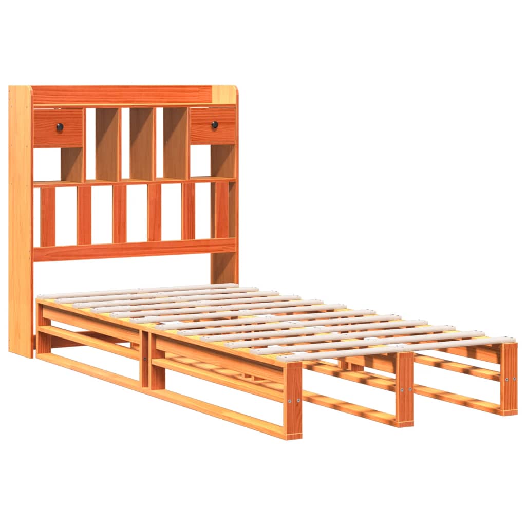 vidaXL Pat cu bibliotecă fără saltea, maro, 100x200 cm, lemn masiv pin vidaXL Pat cu bibliotecă fără saltea, maro, 100x200 cm, lemn masiv pin