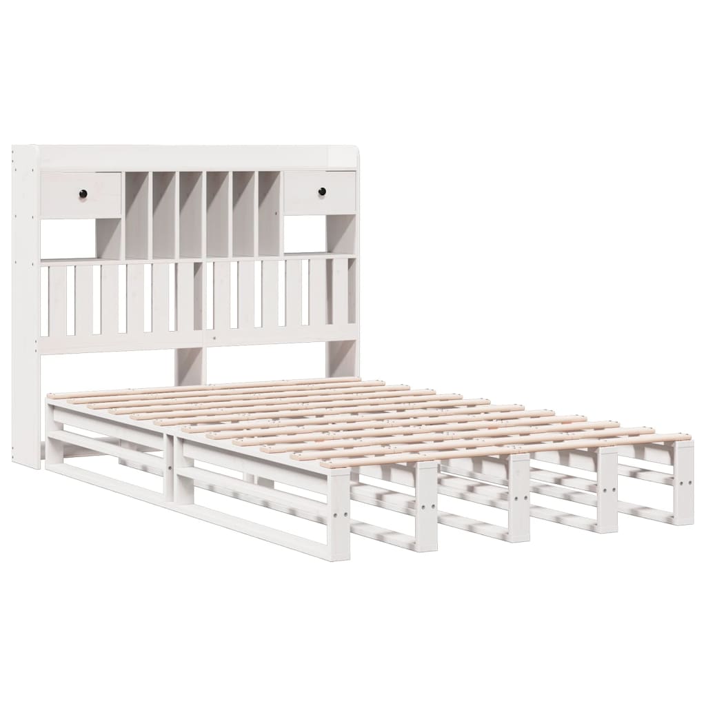 vidaXL Pat cu bibliotecă fără saltea, alb, 135x190 cm, lemn masiv pin vidaXL Pat cu bibliotecă fără saltea, alb, 135x190 cm, lemn masiv pin