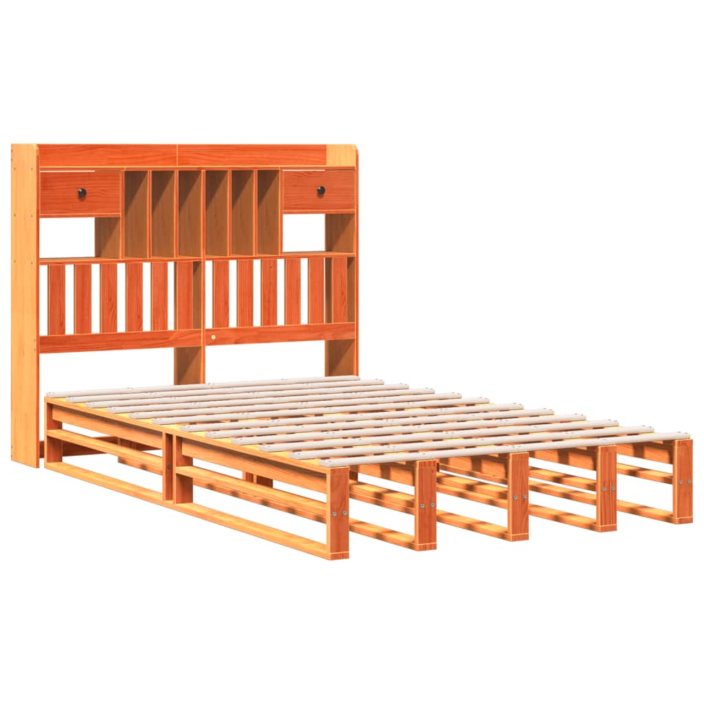 vidaXL Pat cu bibliotecă fără saltea maro 135x190 cm lemn masiv de pin