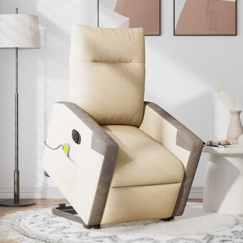 vidaXL Fotoliu electric de masaj rabatabil cu ridicare, crem, textil vidaXL Fotoliu electric de masaj rabatabil cu ridicare, crem, textil