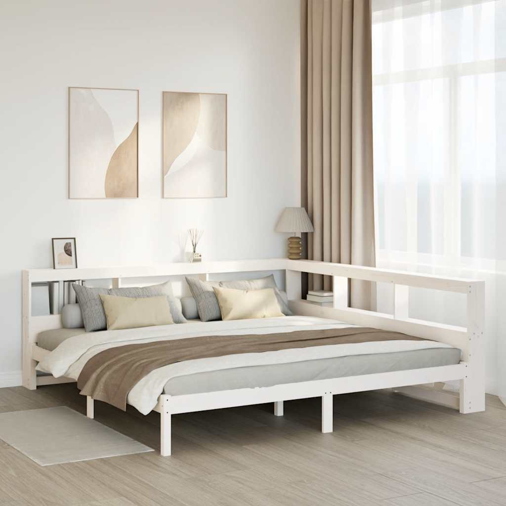 vidaXL Pat cu bibliotecă fără saltea, alb, 200x200 cm, lemn masiv pin vidaXL Pat cu bibliotecă fără saltea, alb, 200x200 cm, lemn masiv pin