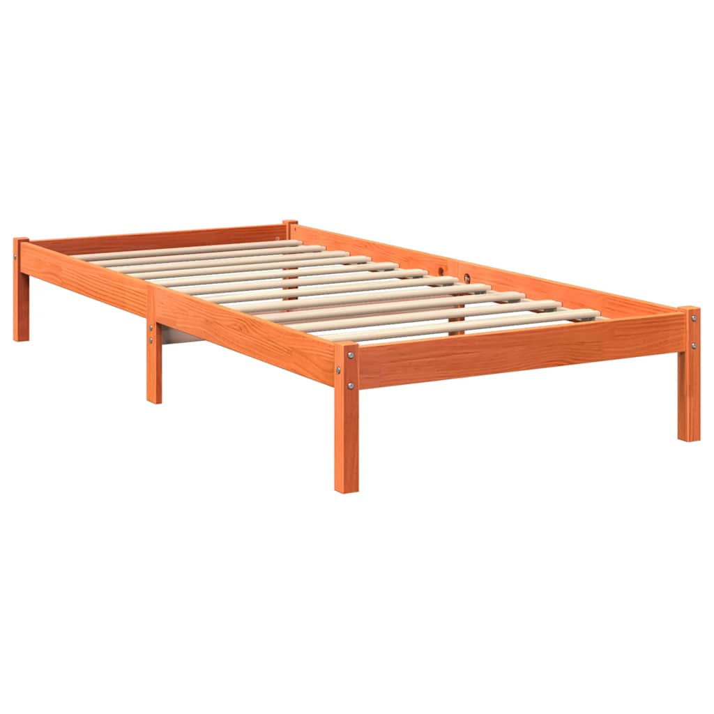 vidaXL Pat cu bibliotecă fără saltea, maro, 100x200 cm, lemn masiv pin vidaXL Pat cu bibliotecă fără saltea, maro, 100x200 cm, lemn masiv pin