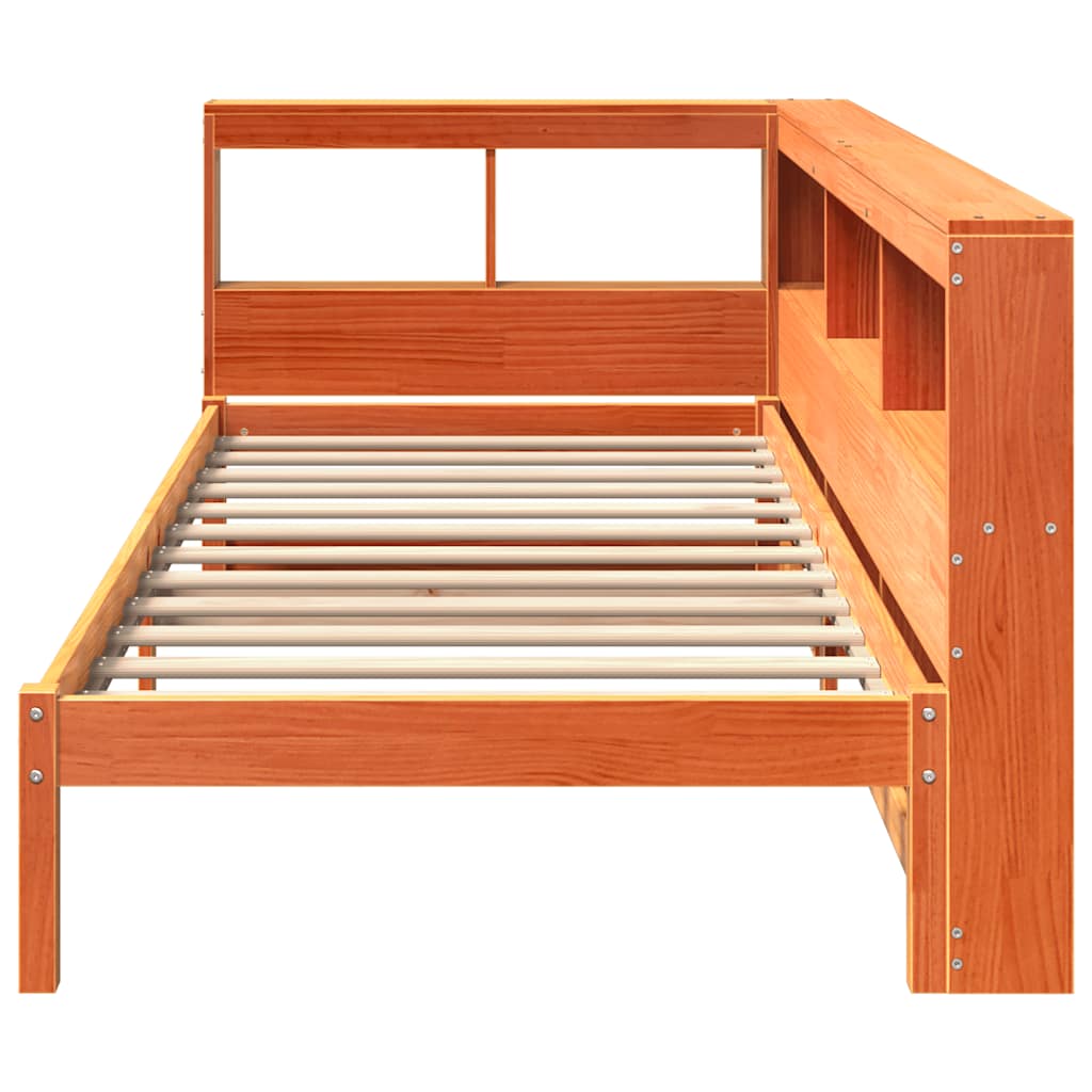 vidaXL Pat cu bibliotecă fără saltea, maro, 90x200 cm, lemn masiv pin vidaXL Pat cu bibliotecă fără saltea, maro, 90x200 cm, lemn masiv pin