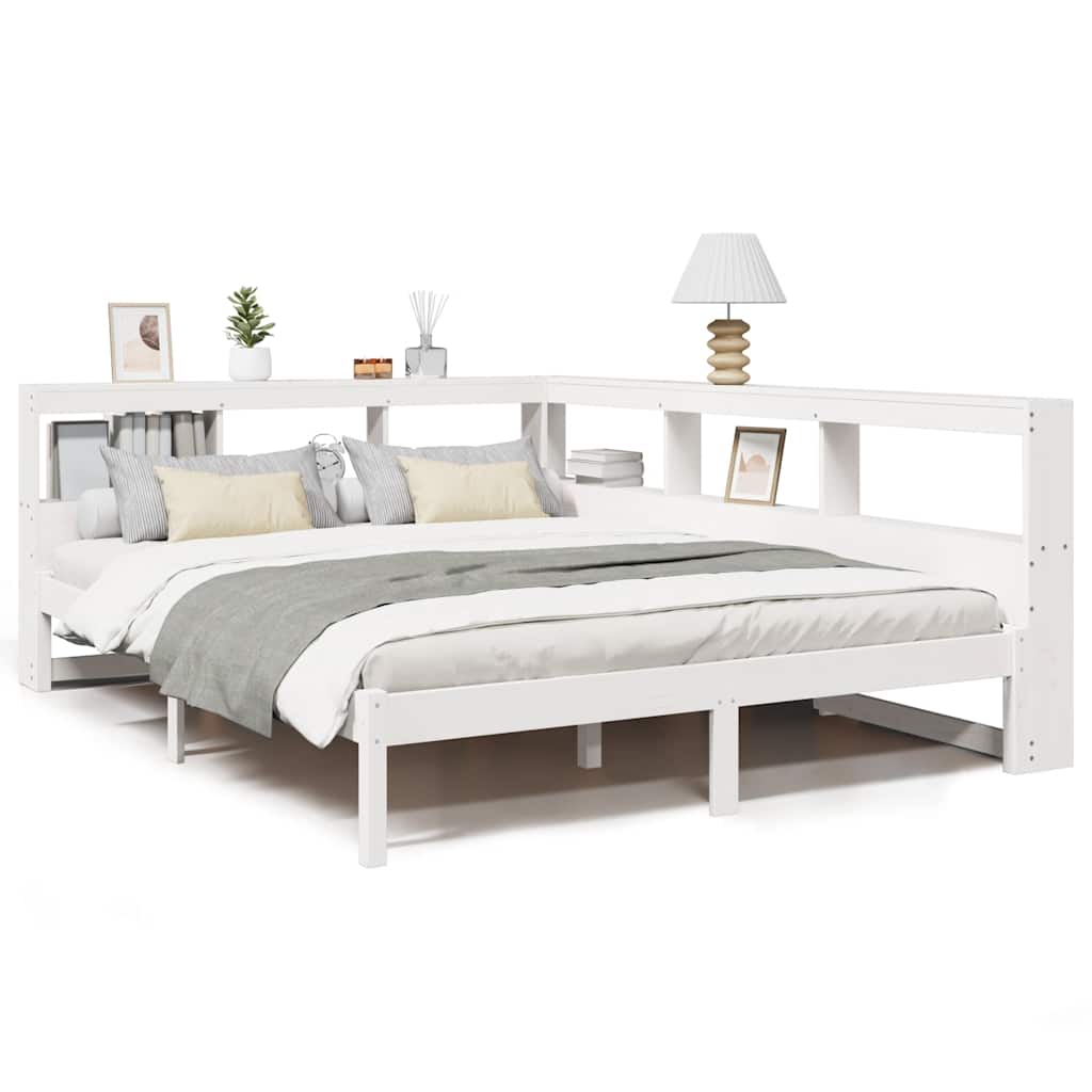 vidaXL Pat cu bibliotecă fără saltea, alb, 140x190 cm, lemn masiv pin vidaXL Pat cu bibliotecă fără saltea, alb, 140x190 cm, lemn masiv pin