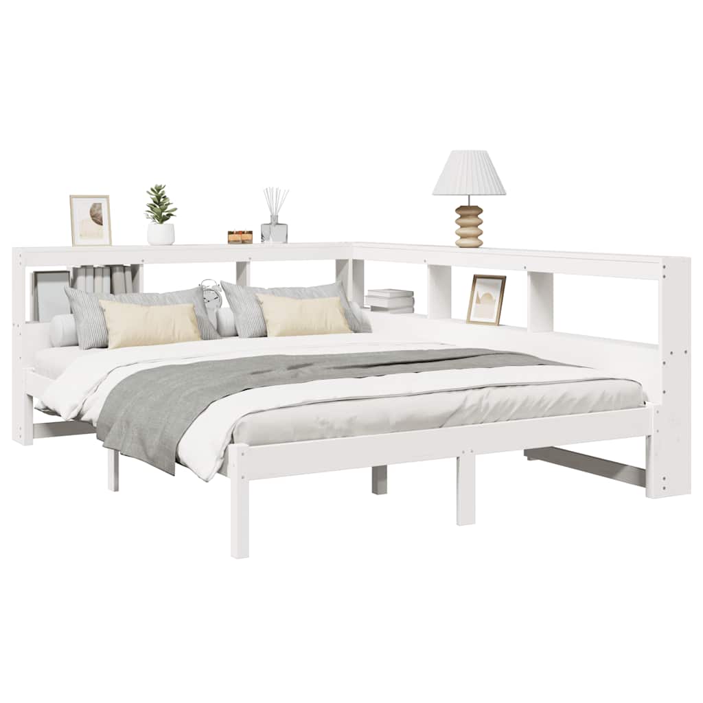 vidaXL Pat cu bibliotecă fără saltea, alb, 140x190 cm, lemn masiv pin vidaXL Pat cu bibliotecă fără saltea, alb, 140x190 cm, lemn masiv pin