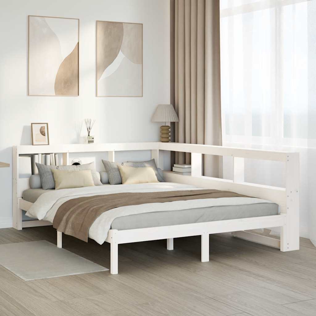 vidaXL Pat cu bibliotecă fără saltea, alb, 140x190 cm, lemn masiv pin vidaXL Pat cu bibliotecă fără saltea, alb, 140x190 cm, lemn masiv pin