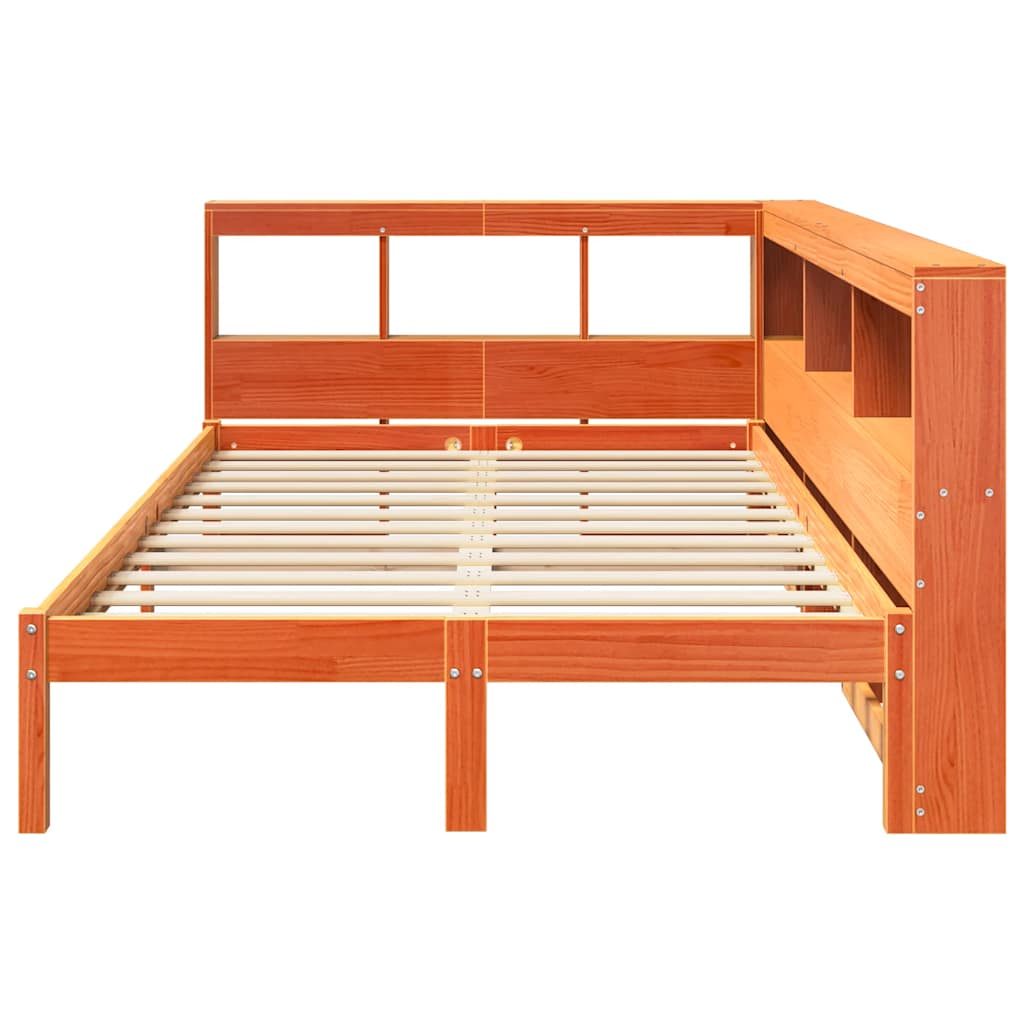 vidaXL Pat cu bibliotecă fără saltea, maro, 120x190 cm, lemn masiv pin vidaXL Pat cu bibliotecă fără saltea, maro, 120x190 cm, lemn masiv pin