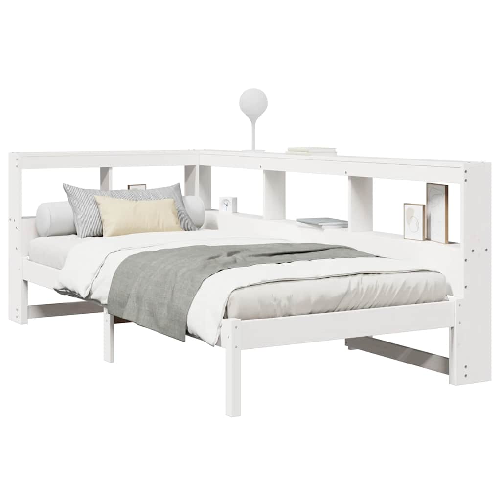 vidaXL Pat cu bibliotecă fără saltea, alb, 75x190 cm, lemn masiv pin vidaXL Pat cu bibliotecă fără saltea, alb, 75x190 cm, lemn masiv pin