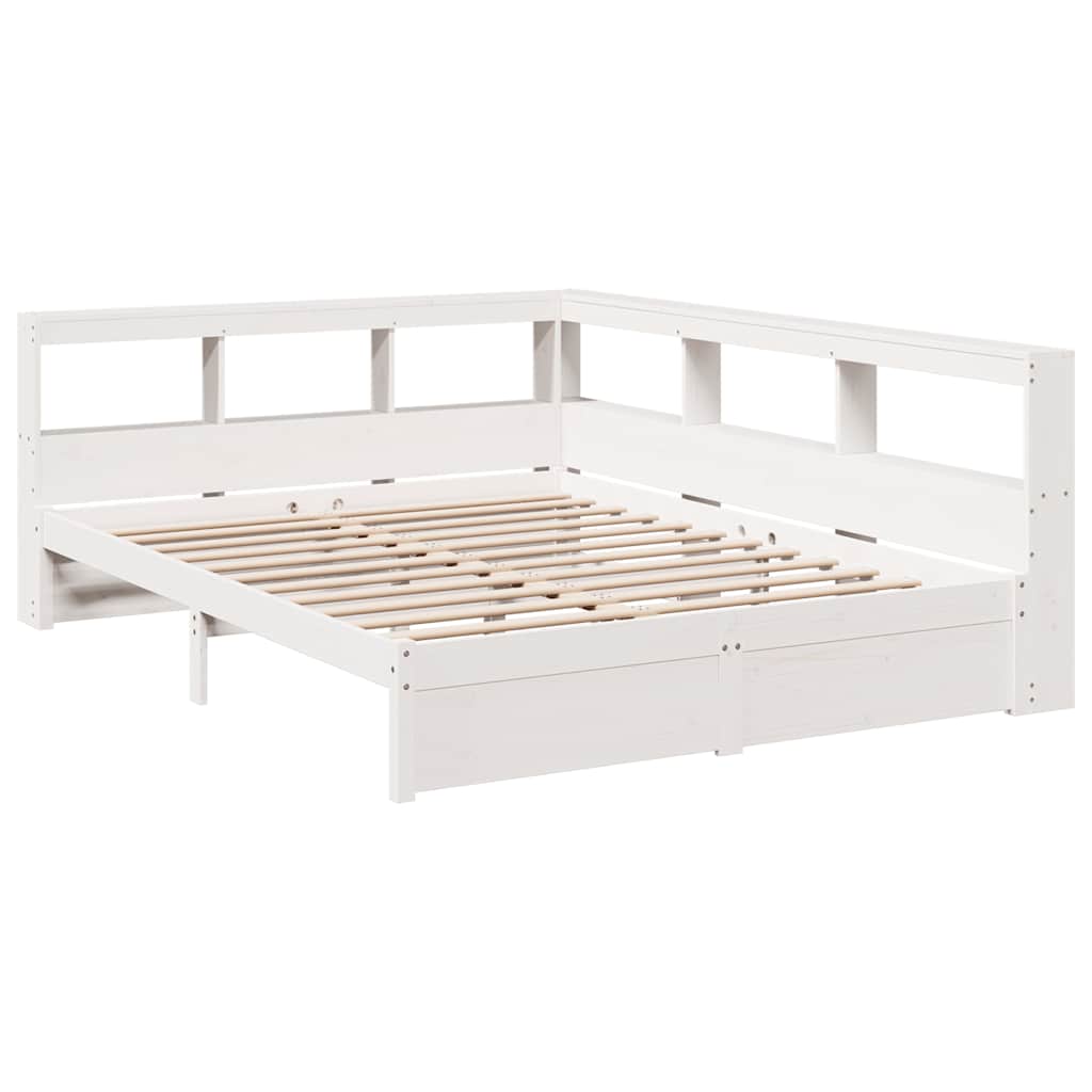 vidaXL Pat cu bibliotecă fără saltea, alb, 140x190 cm, lemn masiv pin