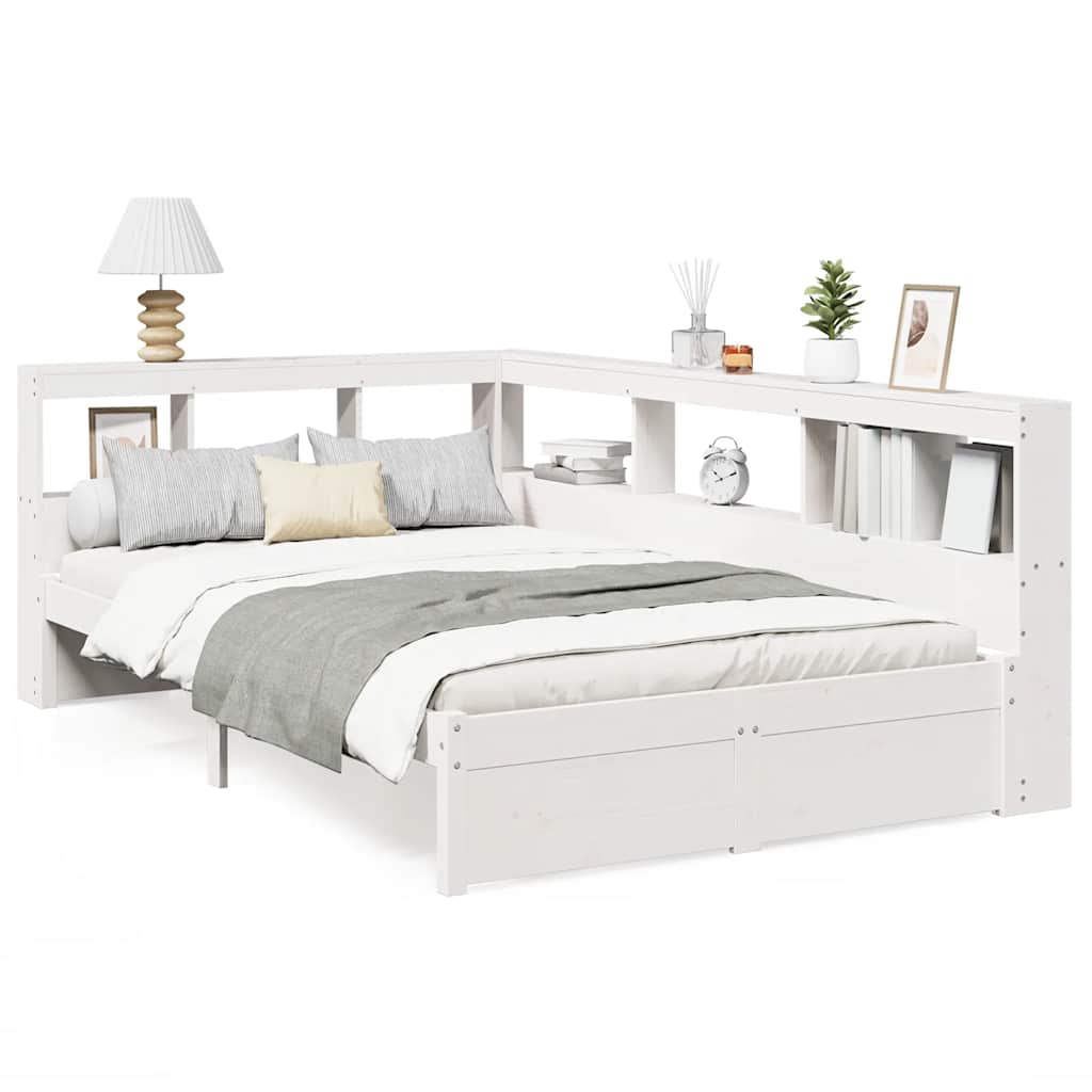 vidaXL Pat cu bibliotecă fără saltea, alb, 90x190 cm, lemn masiv pin vidaXL Pat cu bibliotecă fără saltea, alb, 90x190 cm, lemn masiv pin