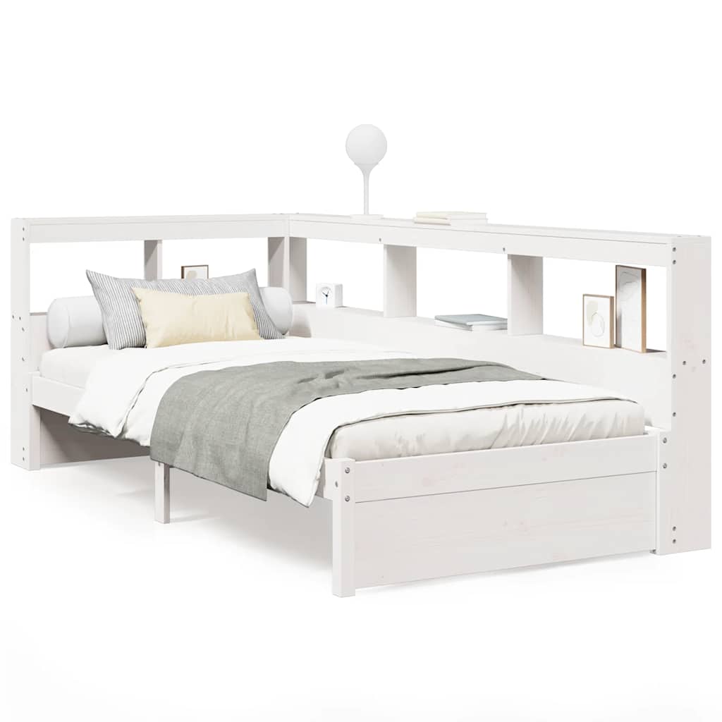 vidaXL Pat cu bibliotecă fără saltea, alb, 75x190 cm, lemn masiv pin vidaXL Pat cu bibliotecă fără saltea, alb, 75x190 cm, lemn masiv pin