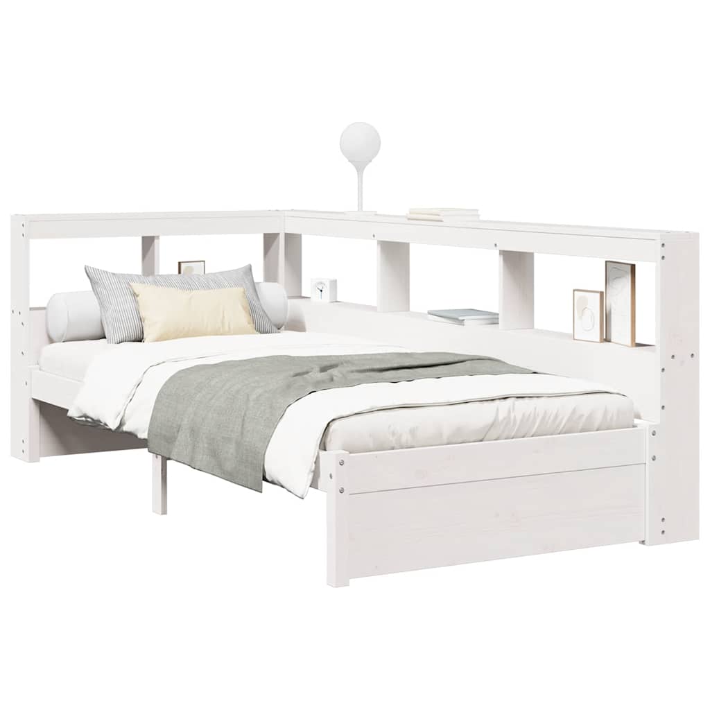 vidaXL Pat cu bibliotecă fără saltea, alb, 75x190 cm, lemn masiv pin vidaXL Pat cu bibliotecă fără saltea, alb, 75x190 cm, lemn masiv pin