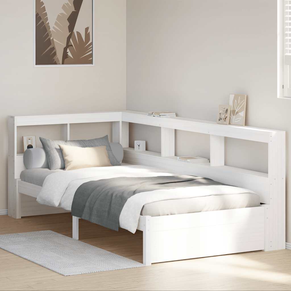 vidaXL Pat cu bibliotecă fără saltea, alb, 75x190 cm, lemn masiv pin vidaXL Pat cu bibliotecă fără saltea, alb, 75x190 cm, lemn masiv pin