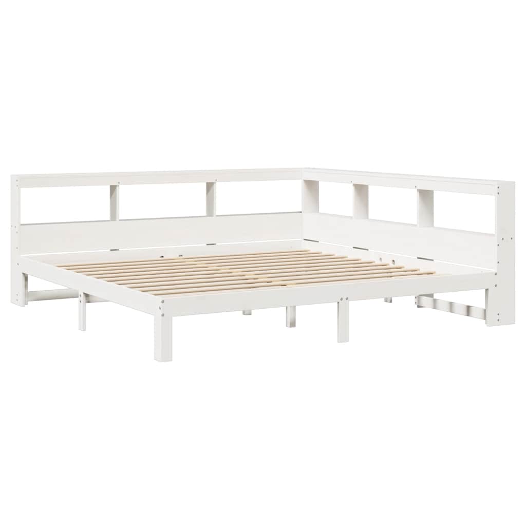 vidaXL Pat cu bibliotecă fără saltea, alb, 200x200 cm, lemn masiv pin