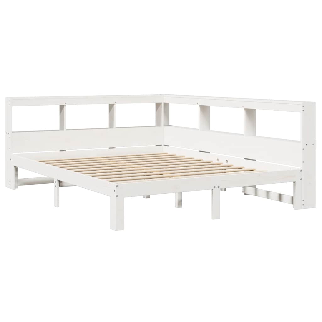 vidaXL Pat cu bibliotecă fără saltea, alb, 150x200 cm, lemn masiv pin